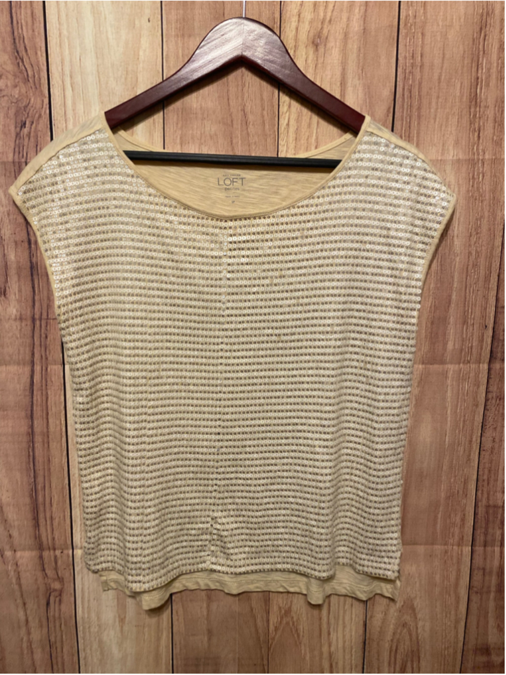 Ann Taylor Loft Small/Petite Sequin T-shirt Top Beige Silver shirt